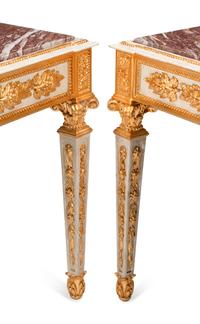 A Pair of Italian Neoclassical Style Painted and Parcel Gilt Console Tables
