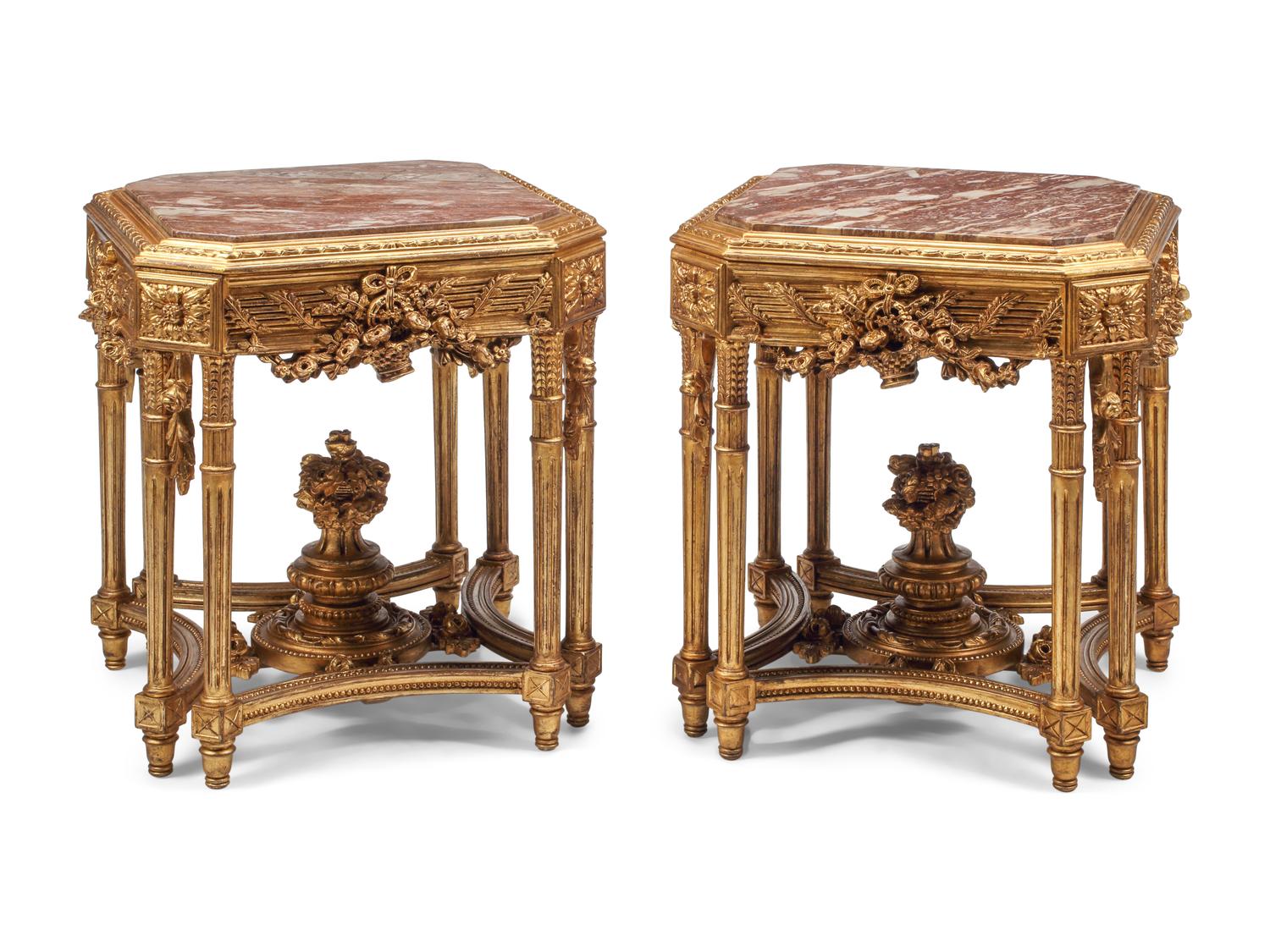 A Pair of Italian Carved Giltwood Marble-Top Tables