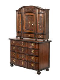 A Portuguese Carved Walnut Parcel Ebonized Bureau Cabinet on Chest