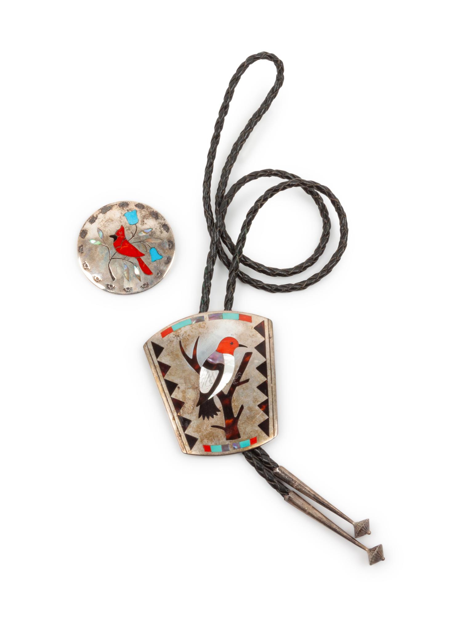 Redheaded Woodpecker Mosaic Inlay Bolo Tie, AND Mosaic Inlay Cardinal Brooch / Pin