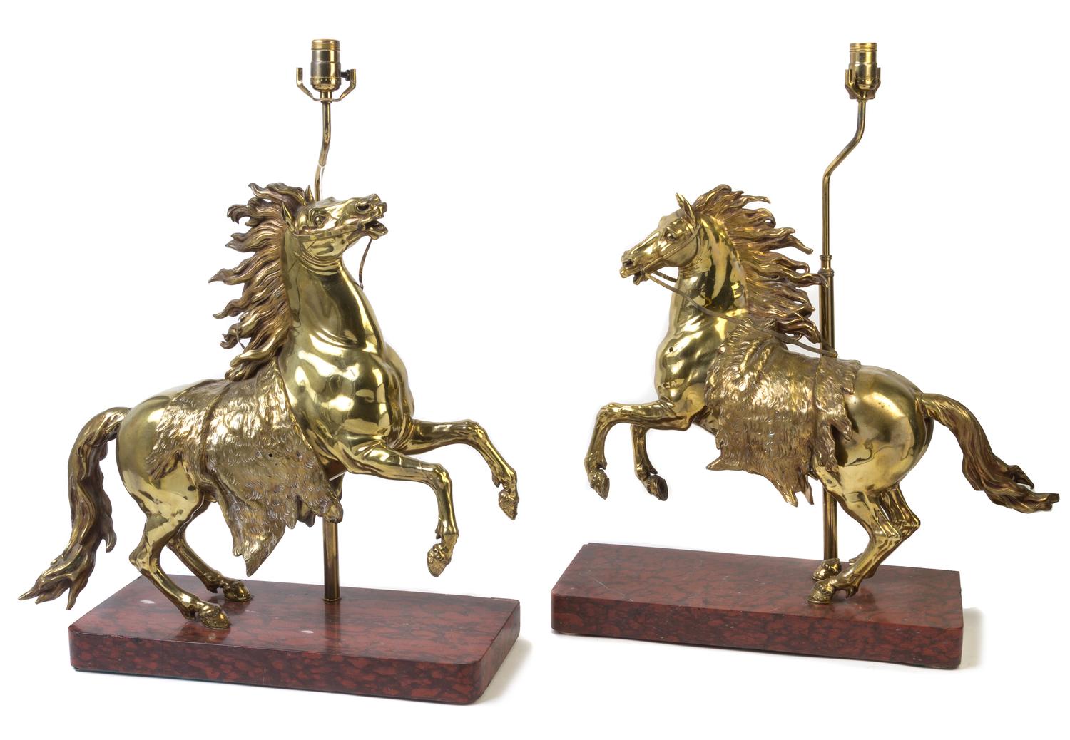 A Pair of Gilt Bronze Horses Height overall 28 inches.