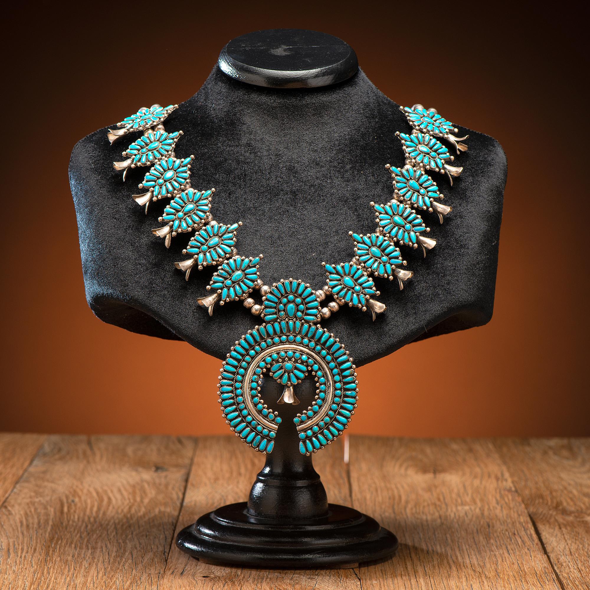 Victor Moses Begay (Dine, act. since 1950s) Silver and Petit Point Turquoise Squash Blossom Necklace