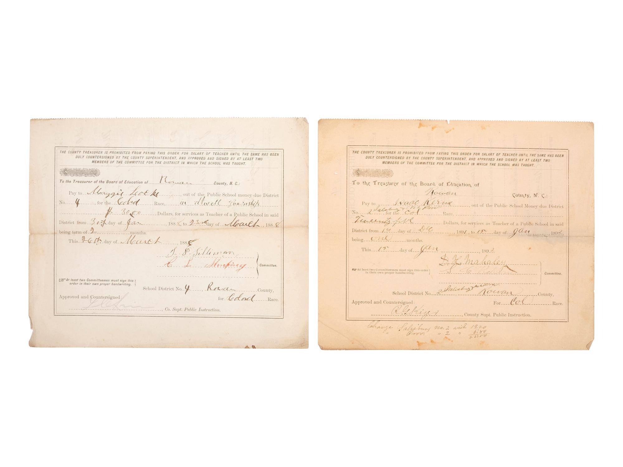 [EDUCATION]. Two pay vouchers for African American teachers, Rowan County, NC, late 1800s.