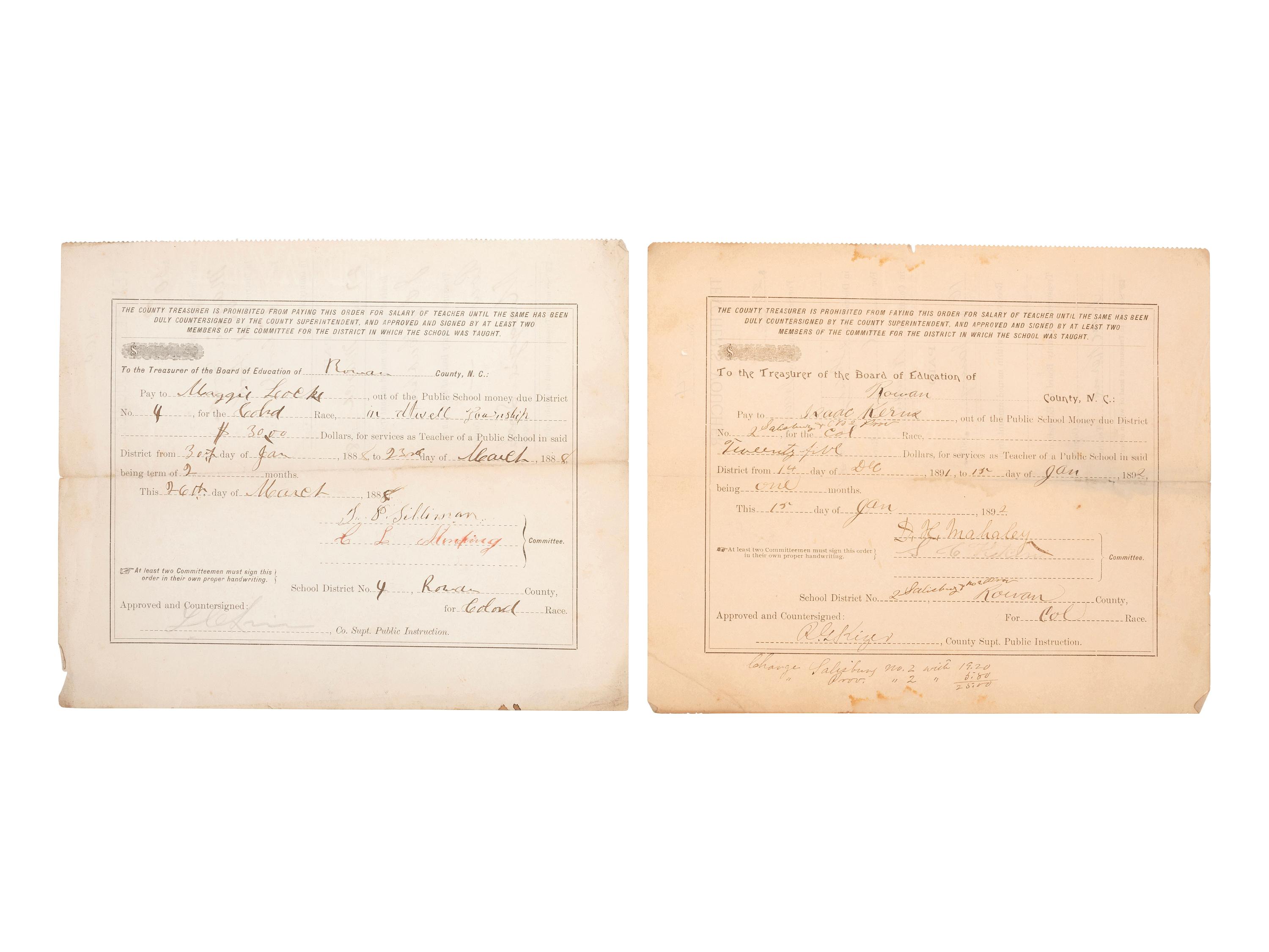 [EDUCATION]. Two pay vouchers for African American teachers, Rowan County, NC, late 1800s.