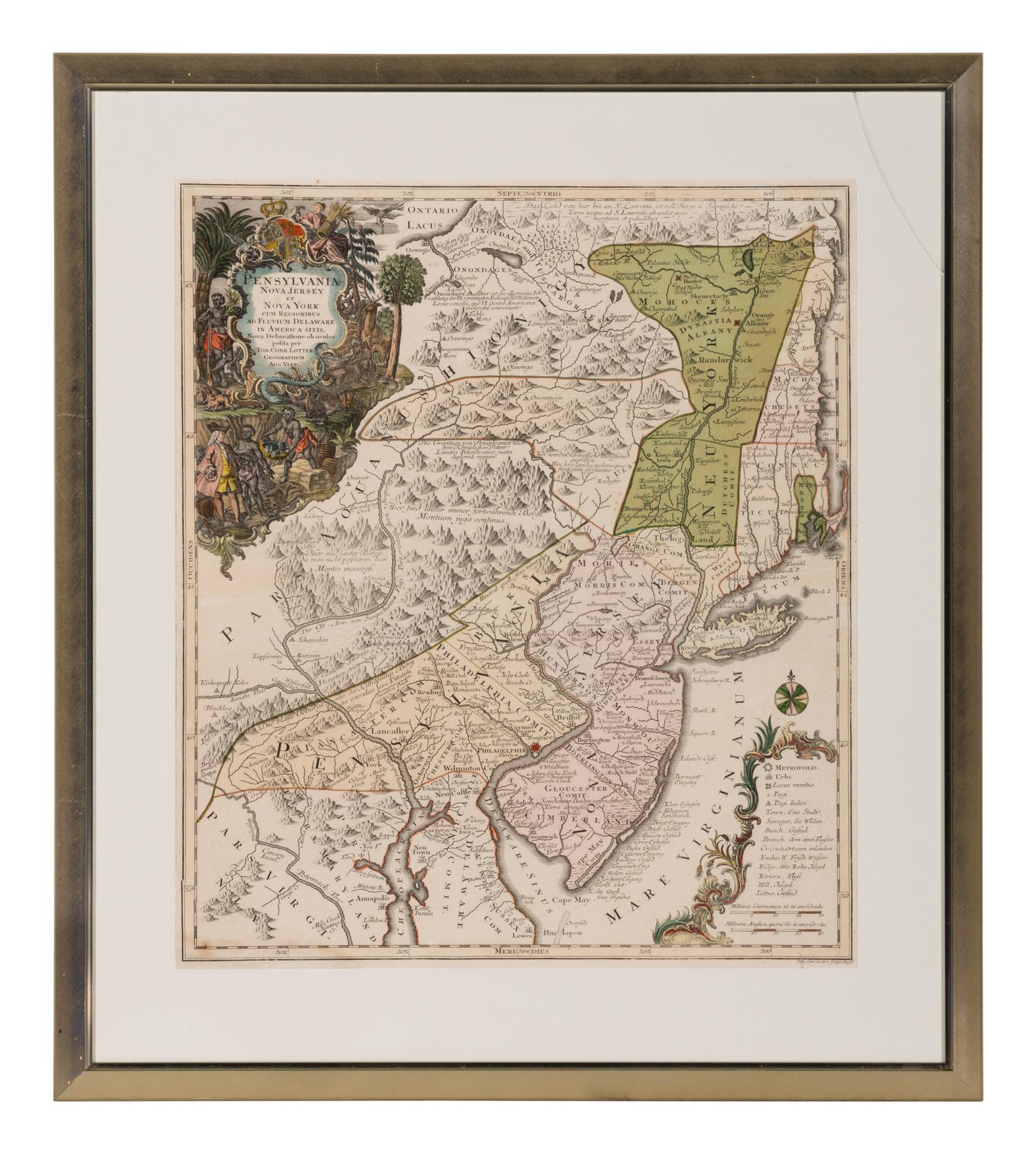 LOTTER, Tobias Conrad. Pensylvania Nova Jersey et Nova York cum Regionibus ad Fluvium Delaware in America Sitis ... Augsburg, 1756.