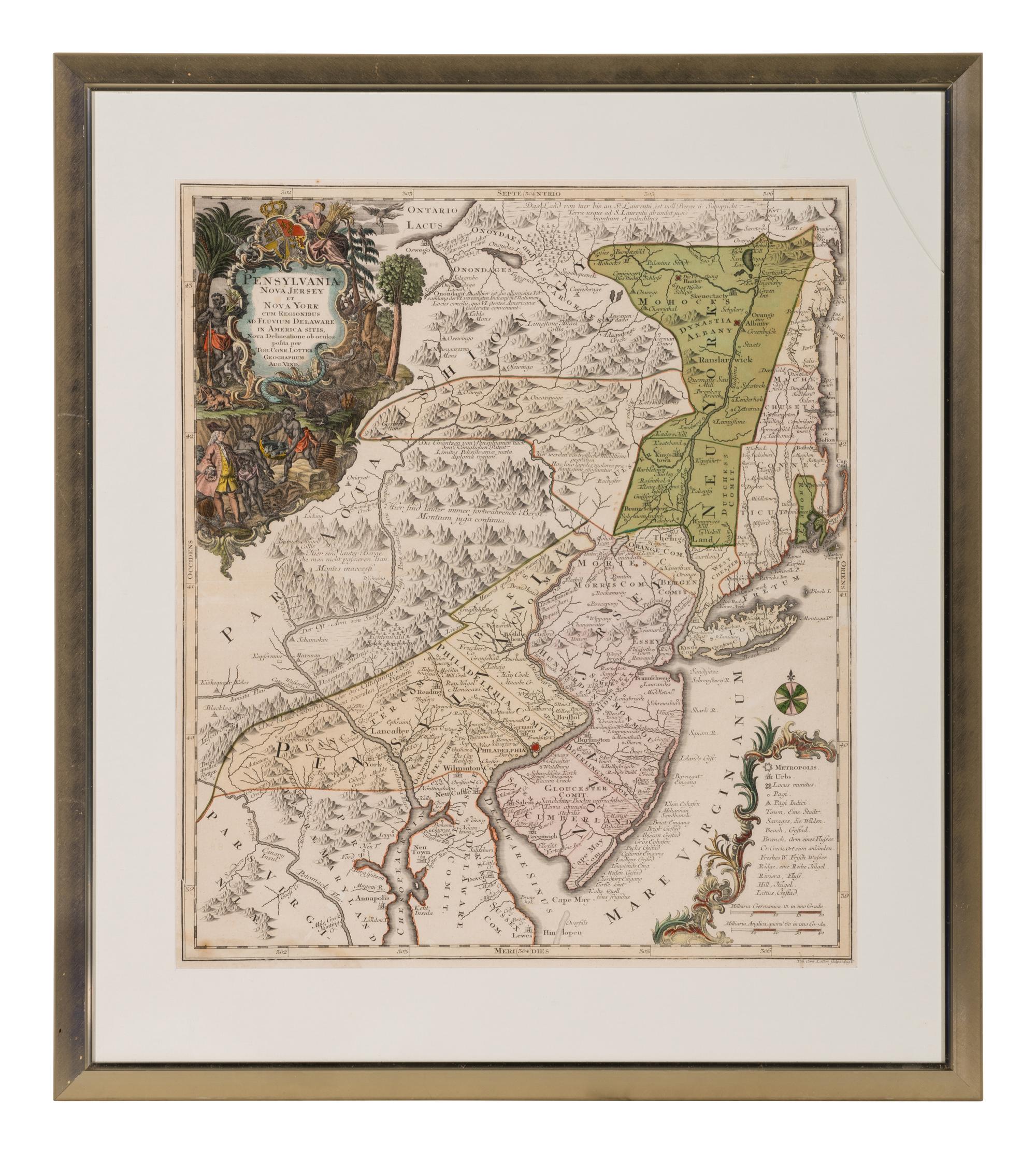 LOTTER, Tobias Conrad. Pensylvania Nova Jersey et Nova York cum Regionibus ad Fluvium Delaware in America Sitis ... Augsburg, 1756.