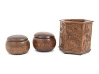 A Matched Pair of Chinese Hardwood Go Chess Boxes and A Carved Hardwood Brushpot