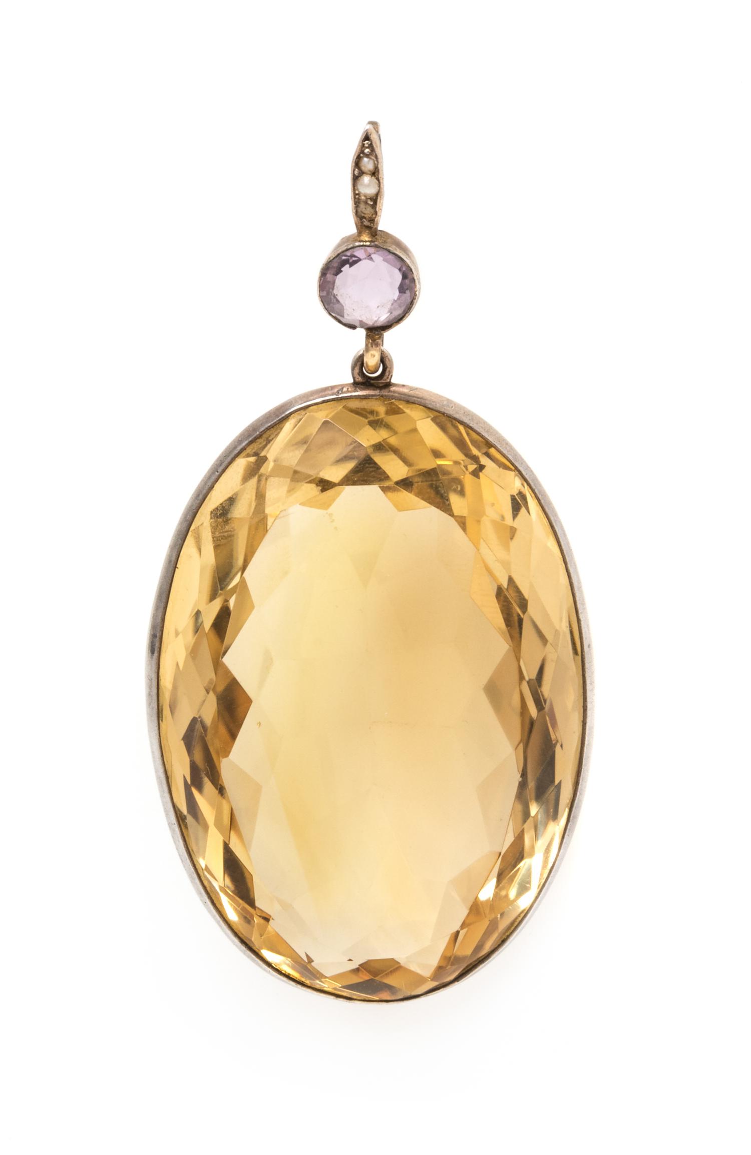 A Gilt Silver Citrine, Amethyst and Seed Pearl Pendant, 14.35 dwts.