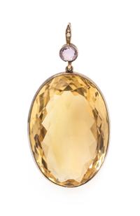 A Gilt Silver Citrine, Amethyst and Seed Pearl Pendant, 14.35 dwts.