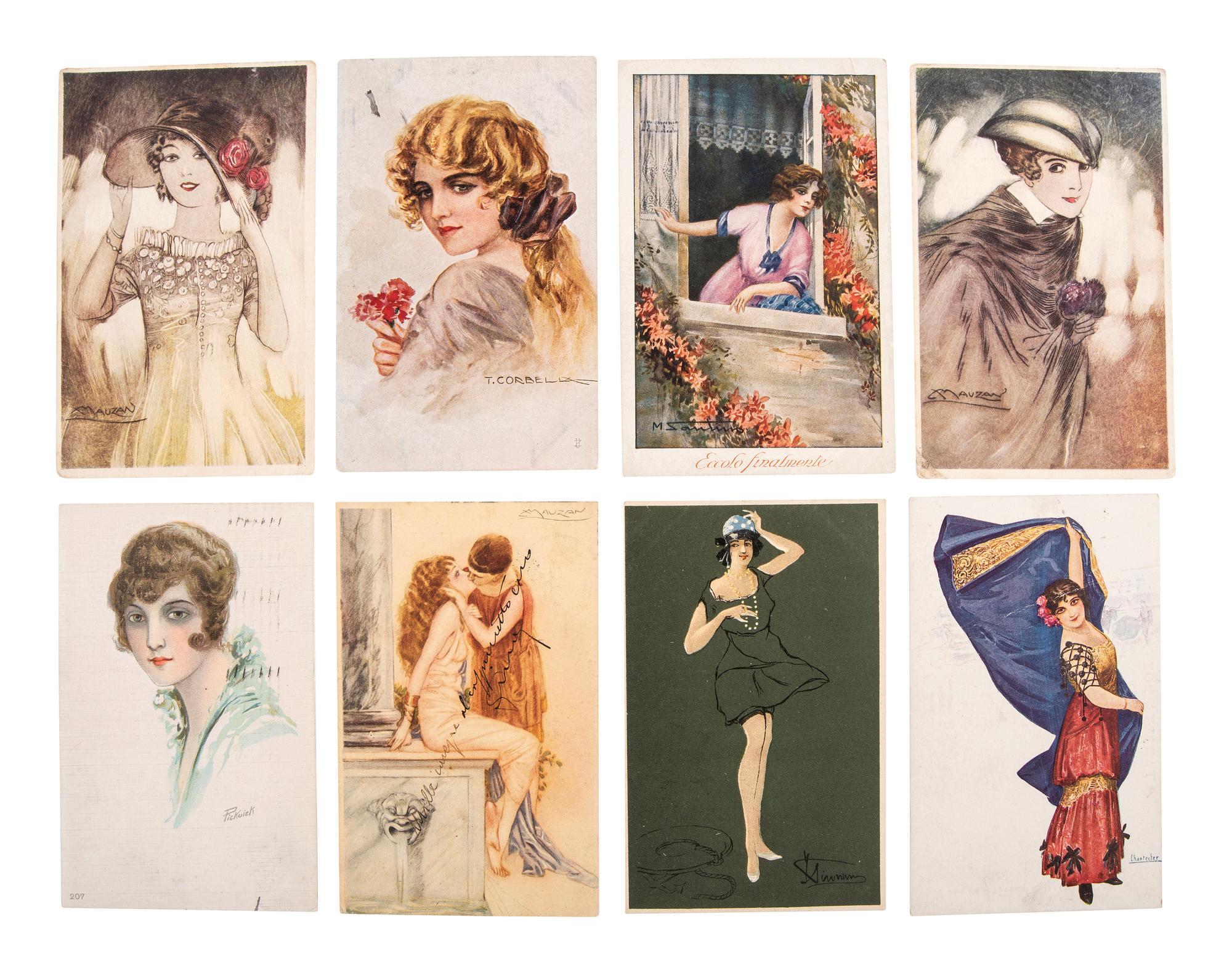 [ADVERTISING]. An extensive collection of trade cards and postcards featuring depictions of beautiful women, including: