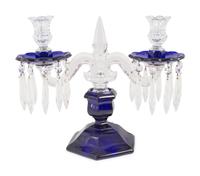 A Pair of Cobalt and Clear Molded Glass Two-Light Candelabra
