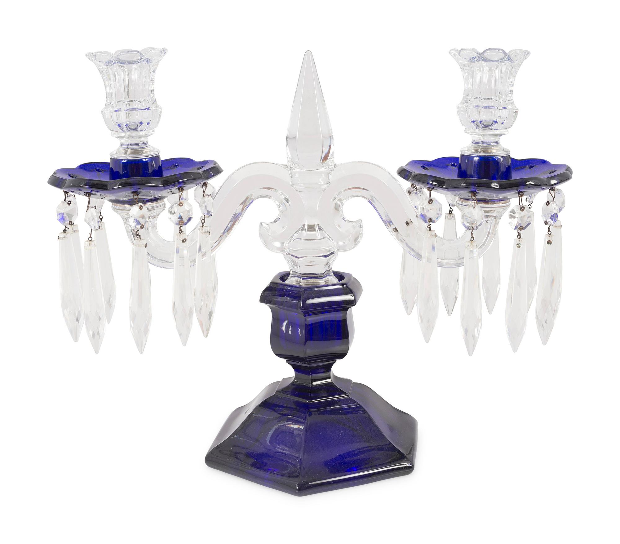 A Pair of Cobalt and Clear Molded Glass Two-Light Candelabra