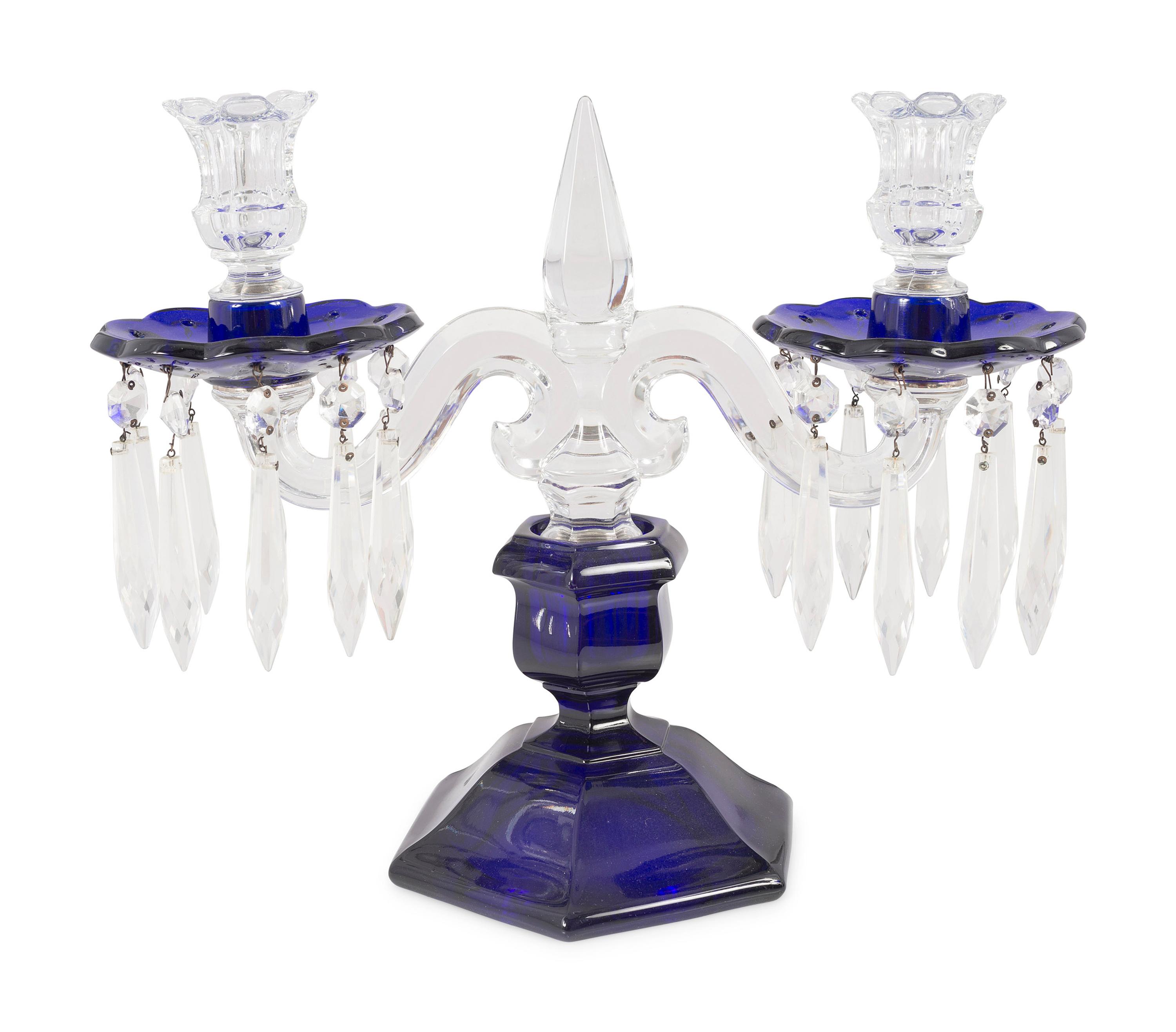 A Pair of Cobalt and Clear Molded Glass Two-Light Candelabra