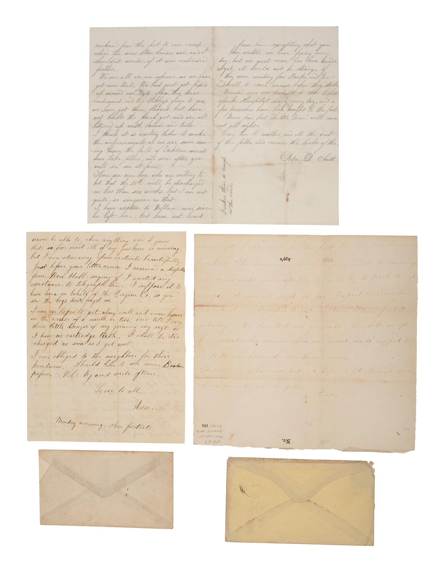 [CIVIL WAR]. 5 letters written by Corporal Asa D. Smith, 16th Mass. Infantry, WIA at the Battle of Glendale. April-July 1862. Featuring content from the Peninsula Campaign and Smith's recovery from a shocking facial wound.