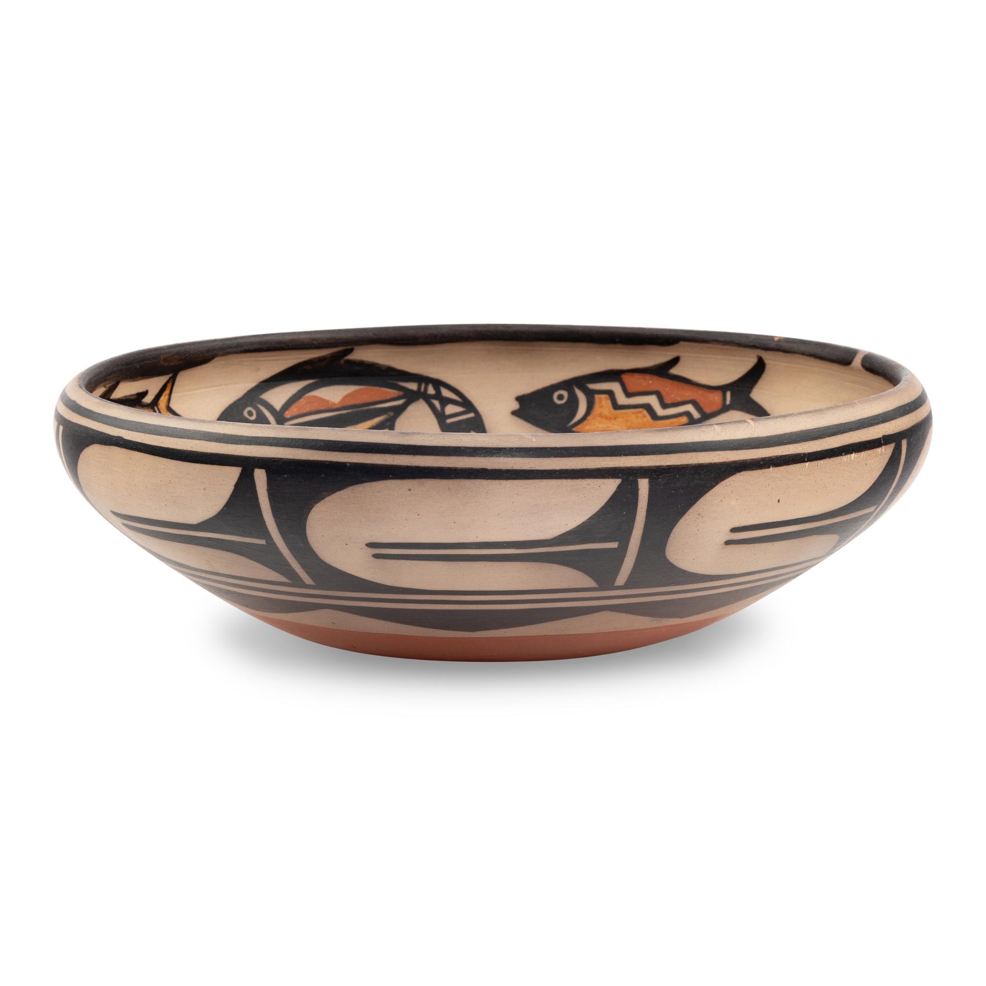 Polychrome Pottery Bowl, with School of Fish