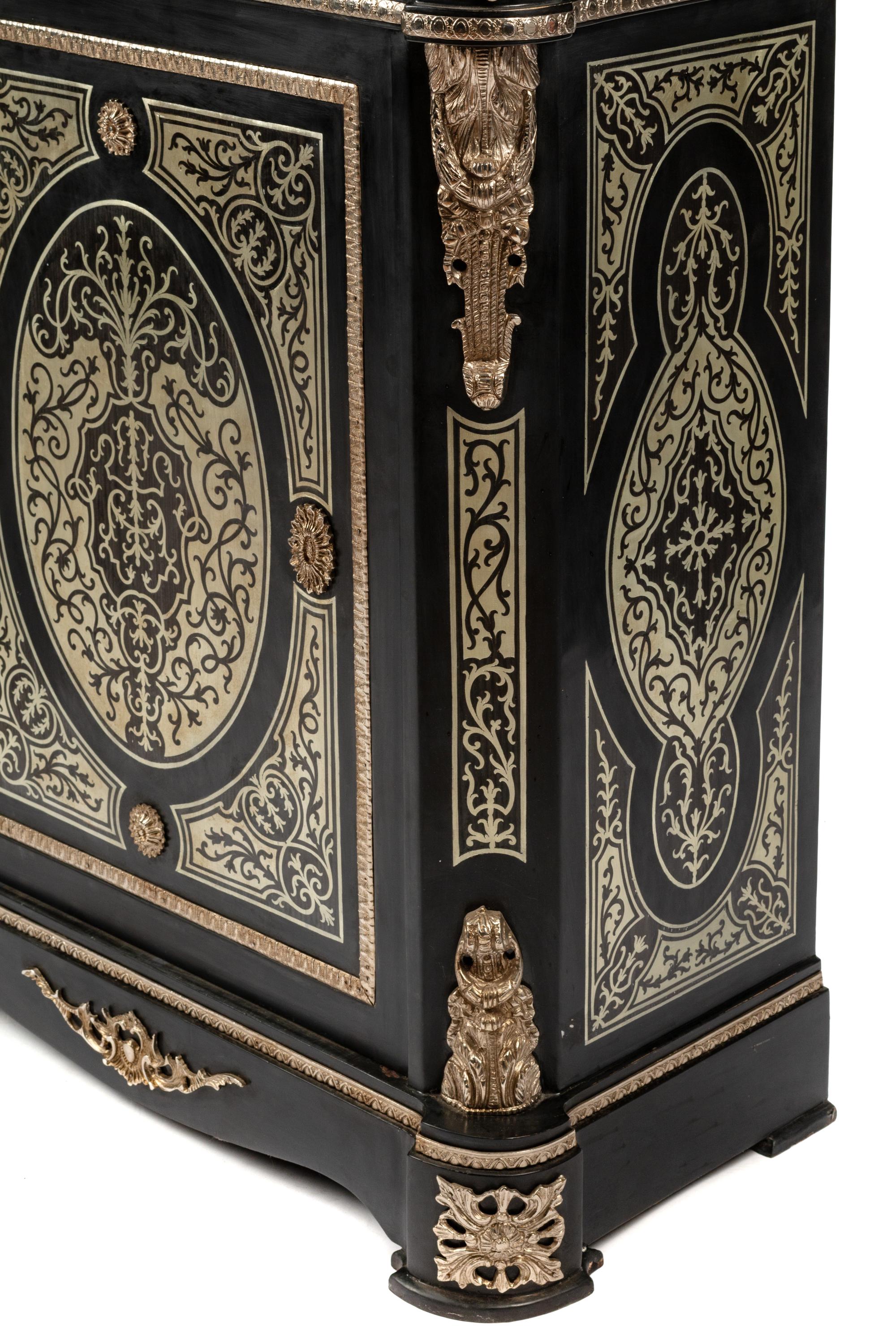 A Pair of Napoleon III Style Pewter Inlaid Marble-Top Cabinets