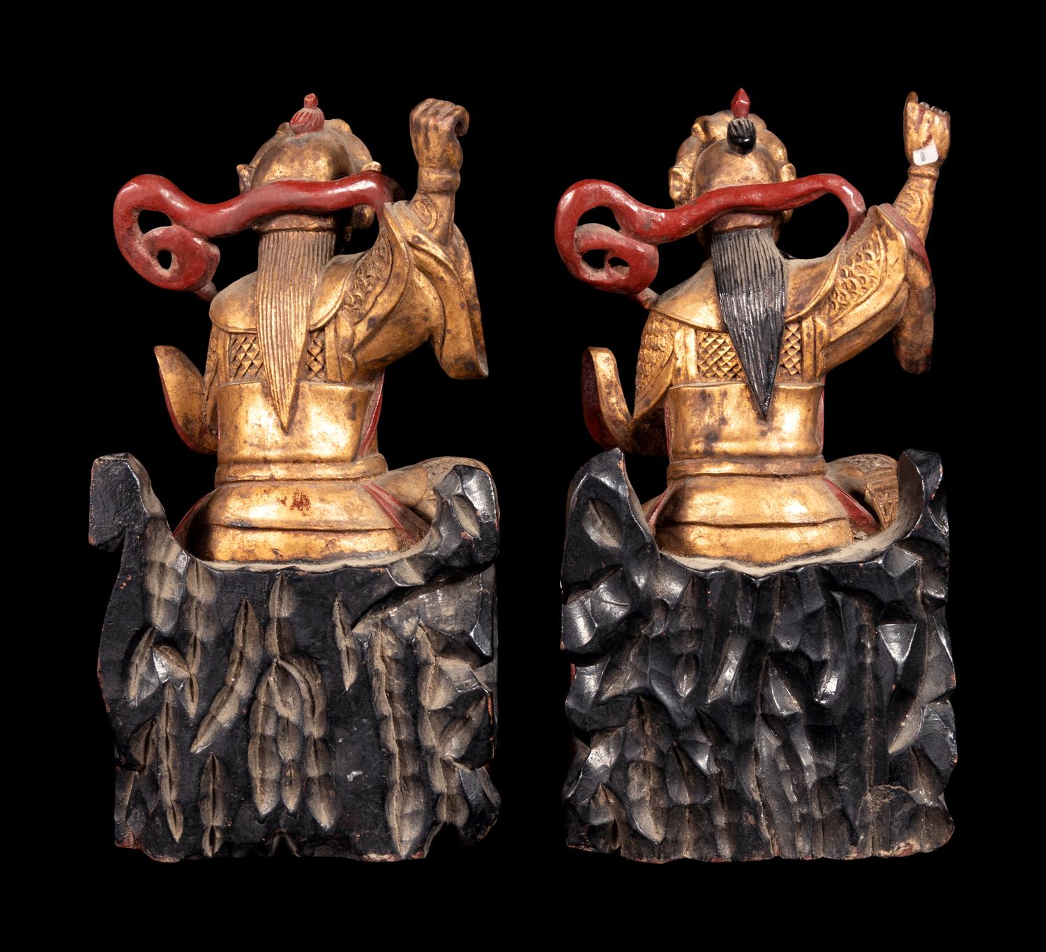 A Pair of Small Chinese Gilt and Red Lacquered Wood Figures of Guardians
