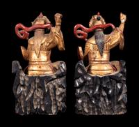 A Pair of Small Chinese Gilt and Red Lacquered Wood Figures of Guardians