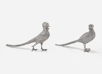 Two sterling silver pheasant-form sculptures, possibly Mexican, probably mid-20th century