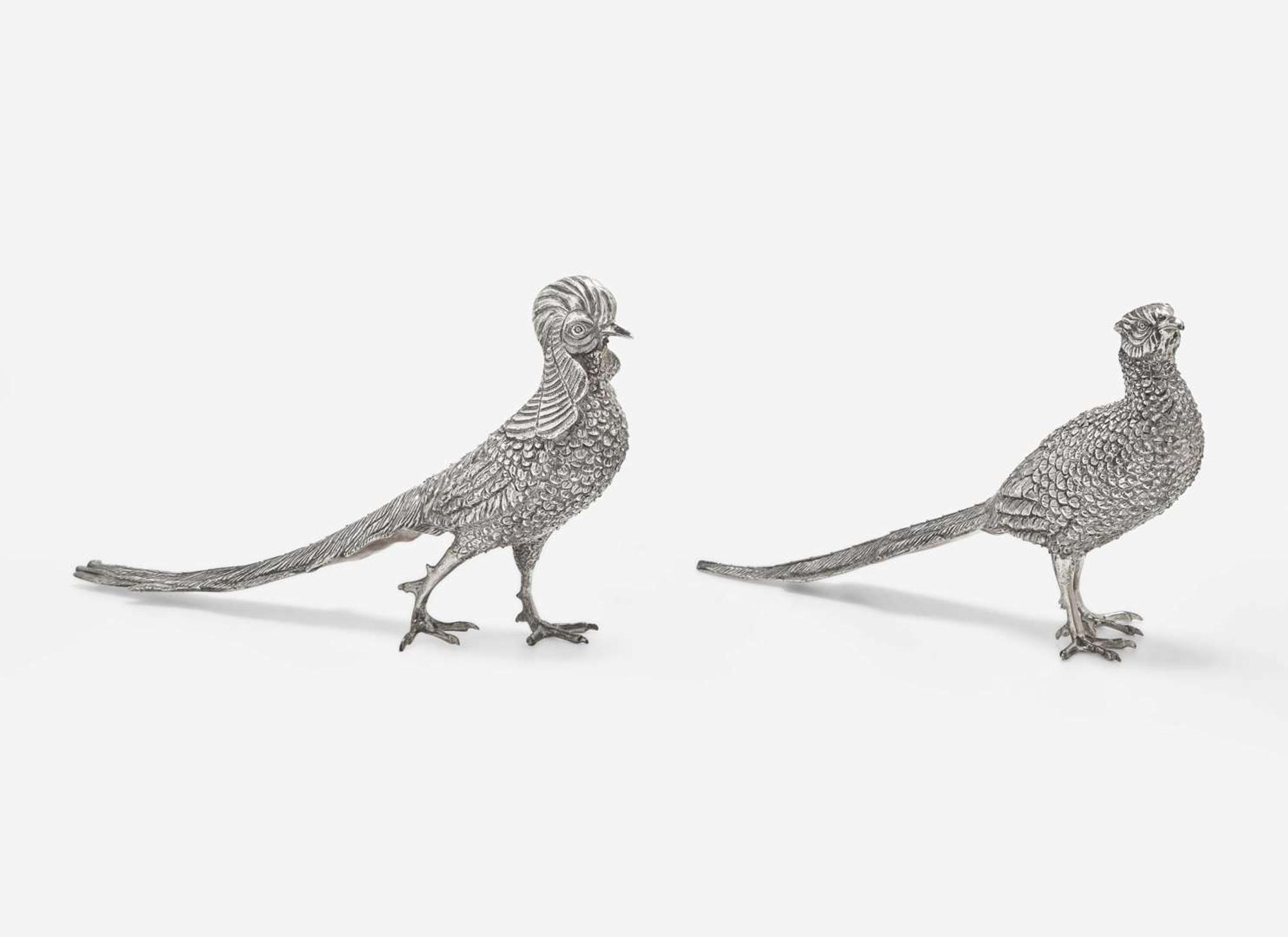 Two sterling silver pheasant-form sculptures, possibly Mexican, probably mid-20th century