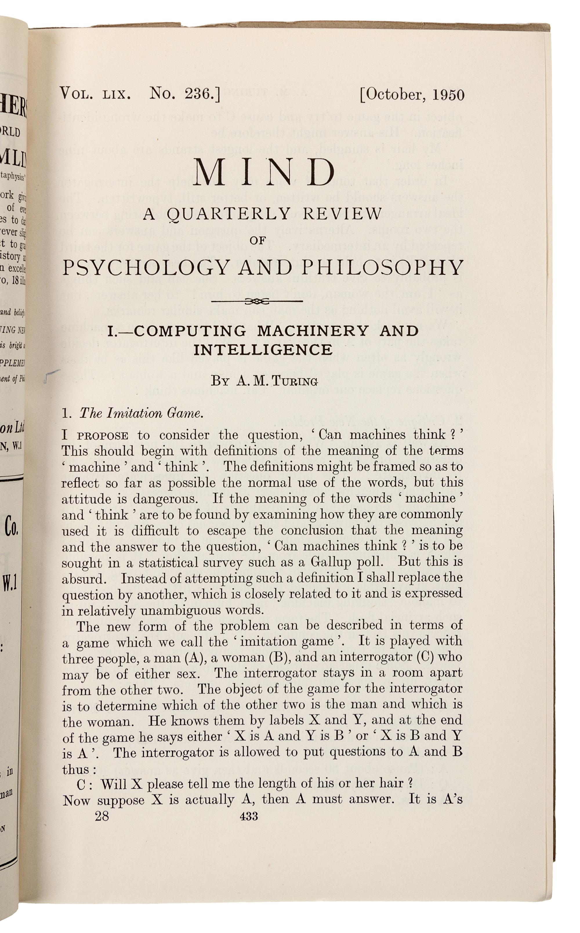 TURING, Alan Mathison. "Computing machinery and intelligence." In: Mind , Vol. 59, No. 236, pp. 433-60. Edinburgh: Thomas Nelson & Sons, October 1950.