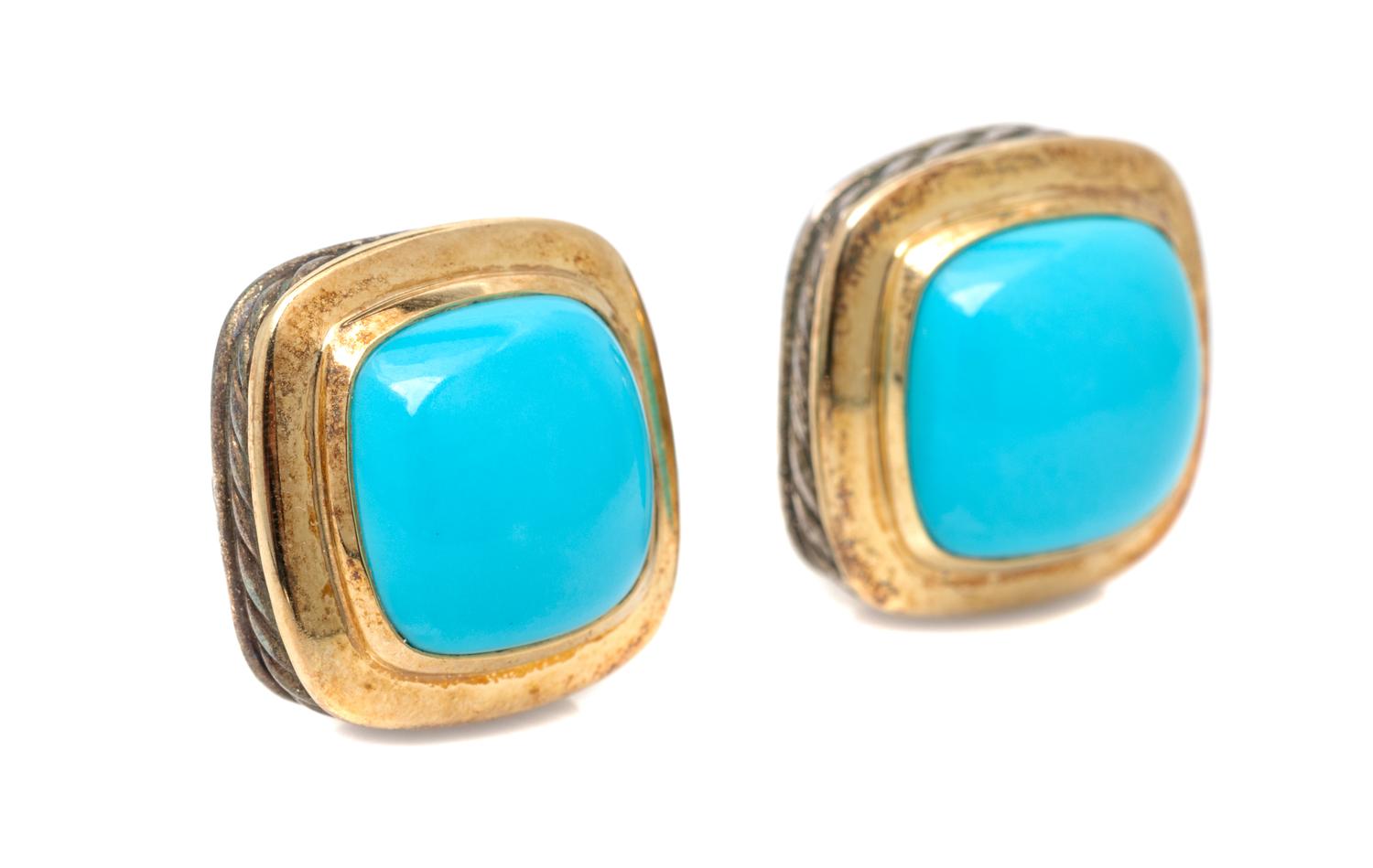 A Pair of Sterling Silver, 18 Karat Yellow Gold and Turquoise 'Albion' Earclips, David Yurman, 15.20 dwts.