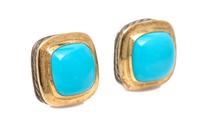 A Pair of Sterling Silver, 18 Karat Yellow Gold and Turquoise 'Albion' Earclips, David Yurman, 15.20 dwts.
