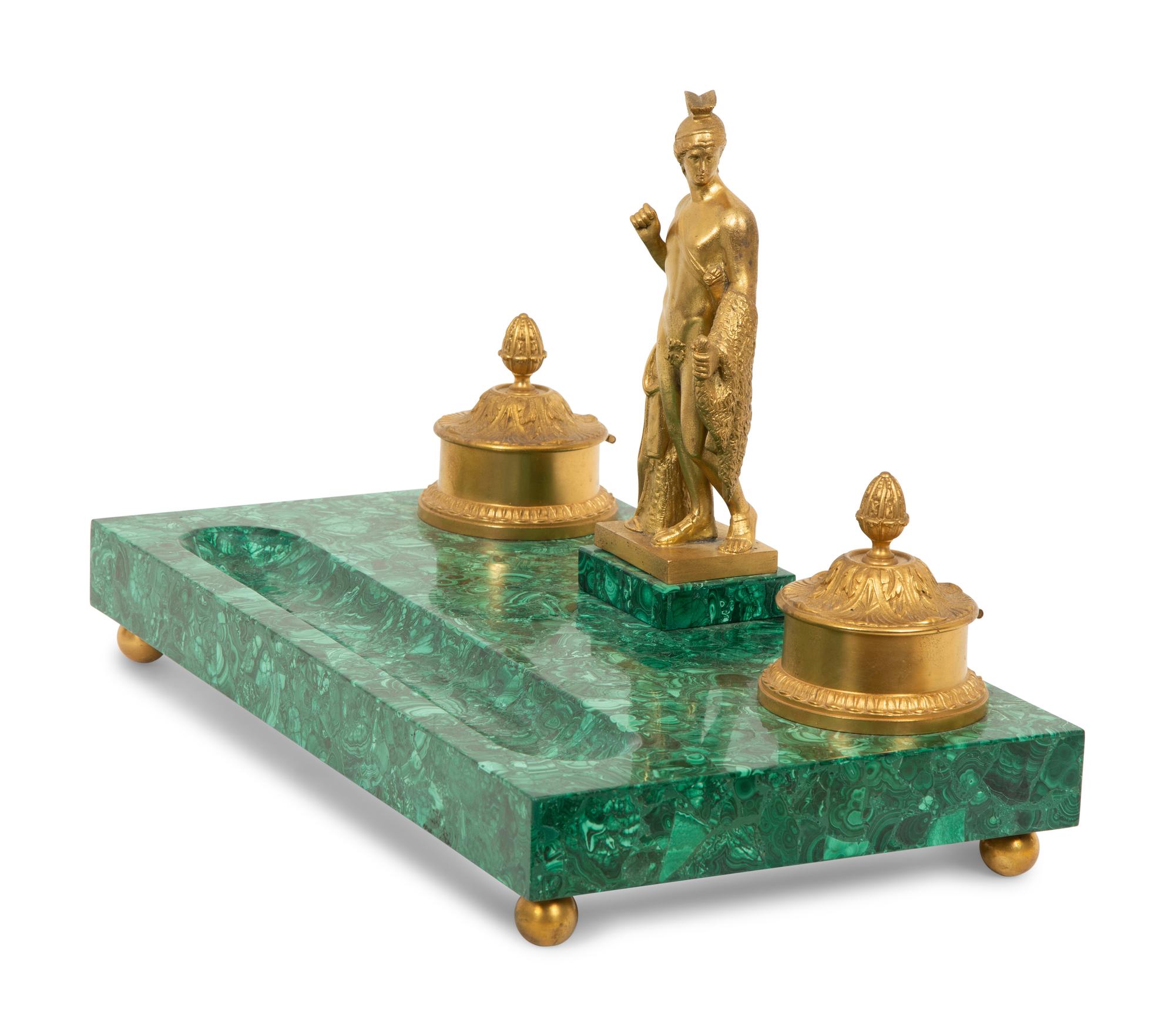 A Gilt Metal Mounted Malachite Veneered Standish