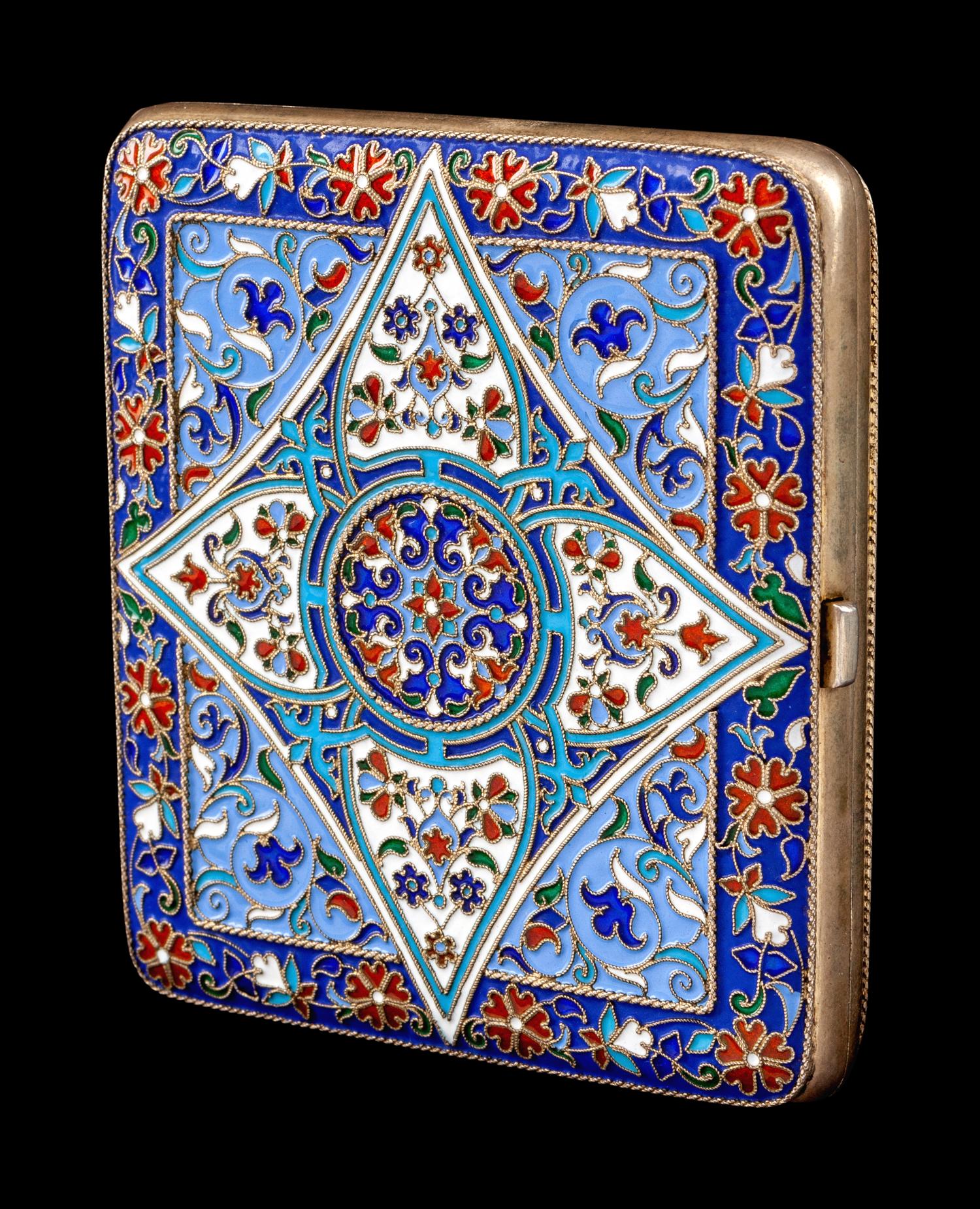 A Russian Enameled Silver-Gilt Cigarette Case