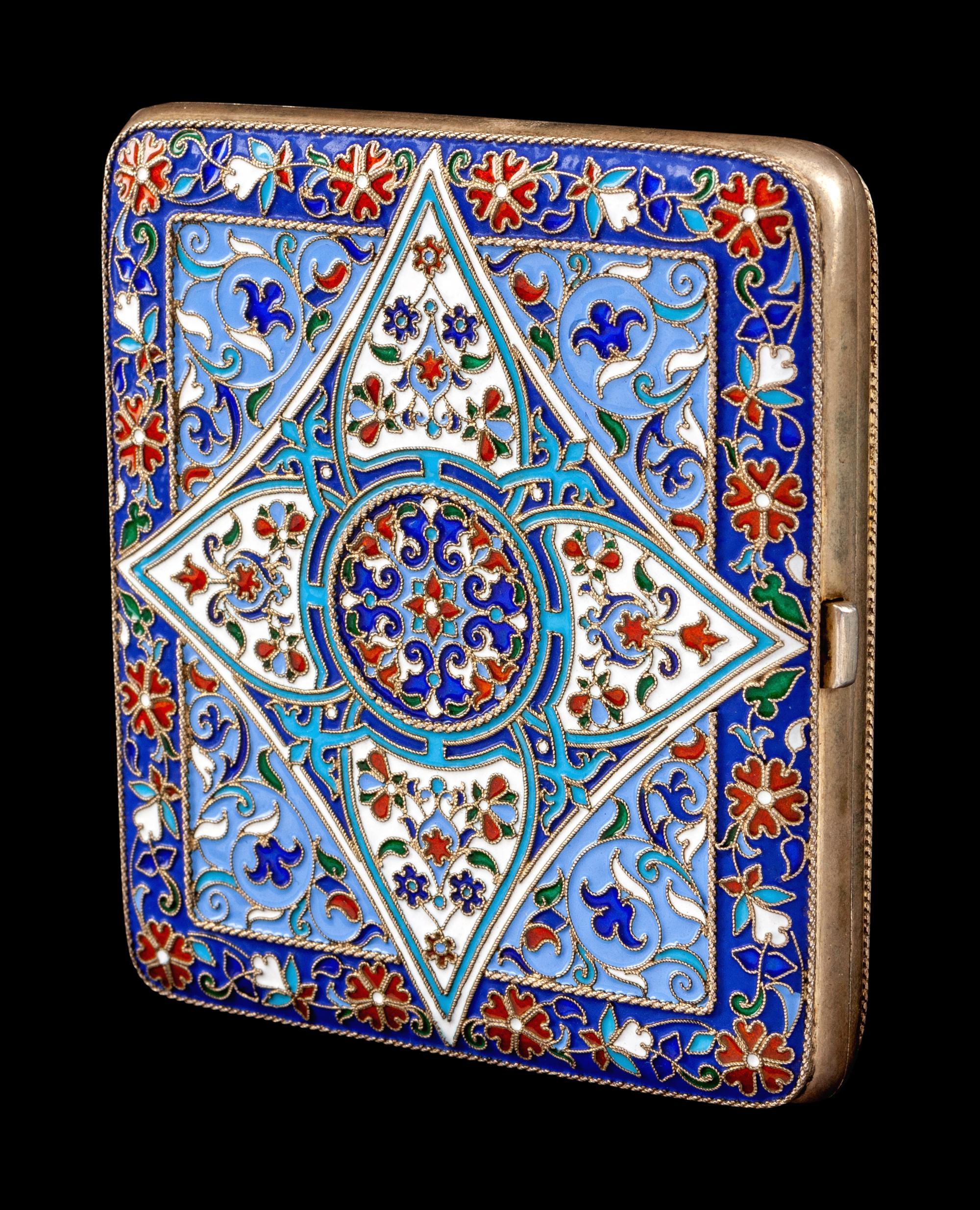 A Russian Enameled Silver-Gilt Cigarette Case