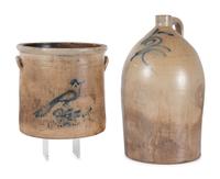 A Stoneware Jug and Crock with Cobalt Decoration