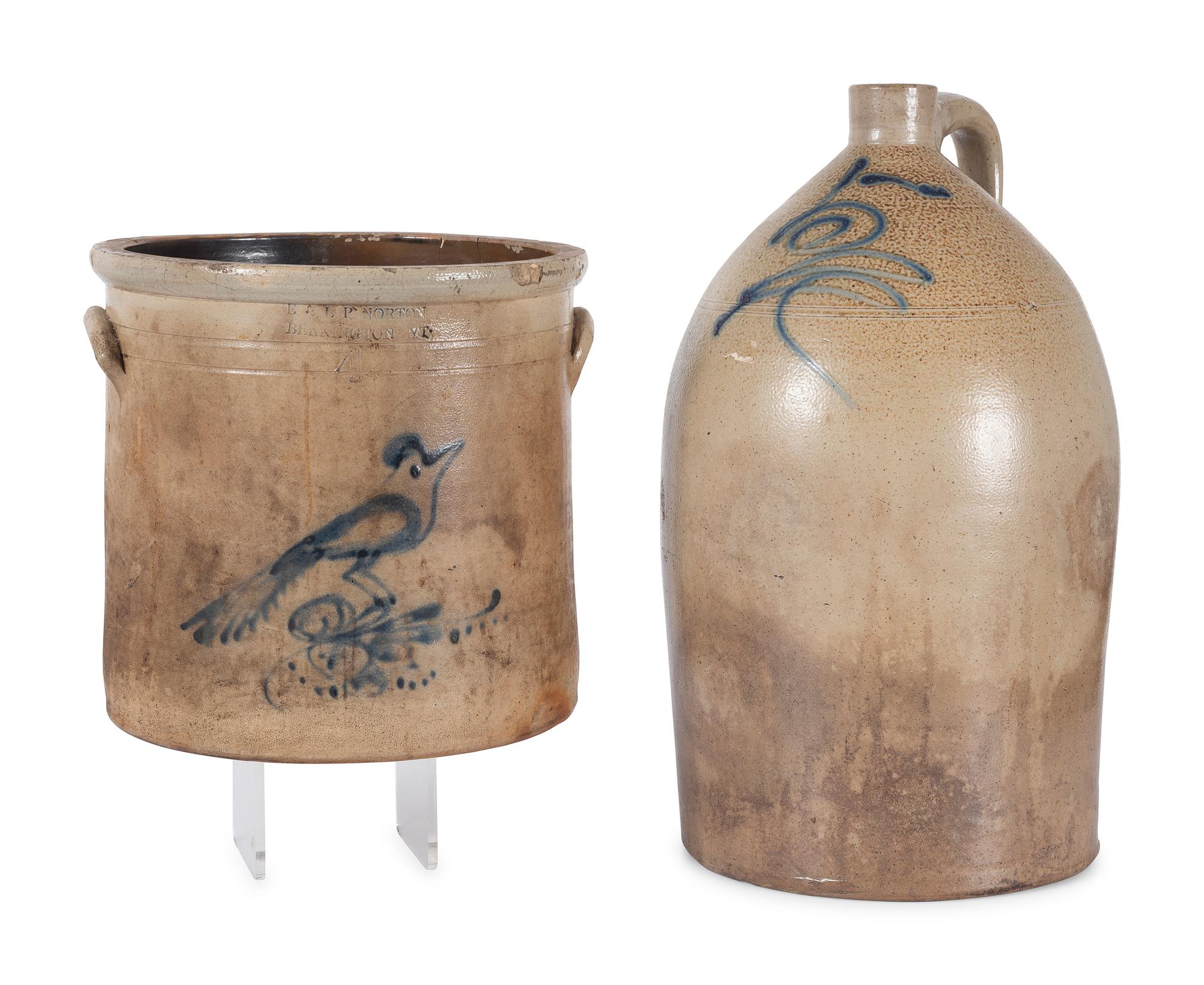 A Stoneware Jug and Crock with Cobalt Decoration