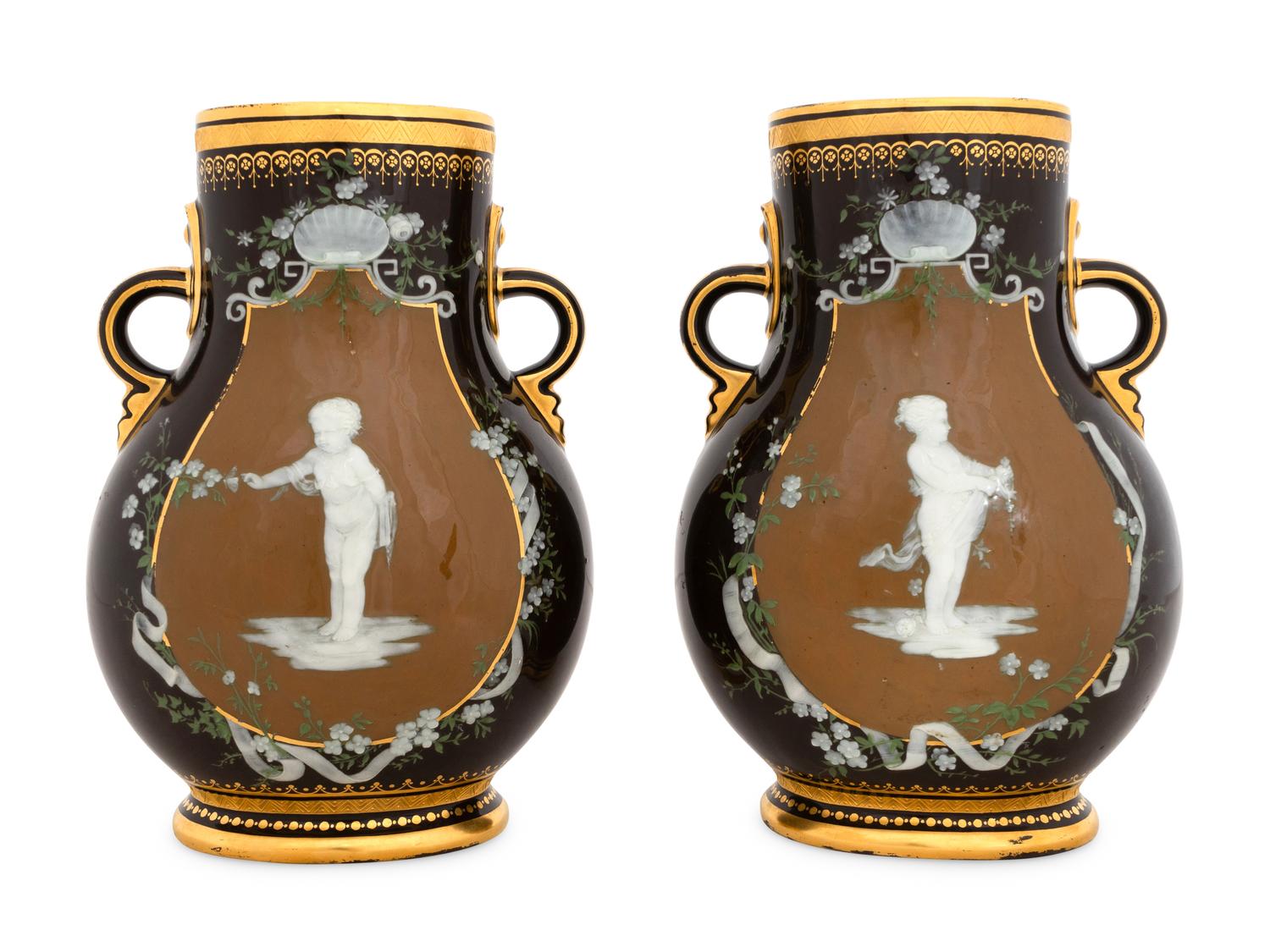 A Pair of Mintons Brown-Ground Pâte-sur-Pâte Vases