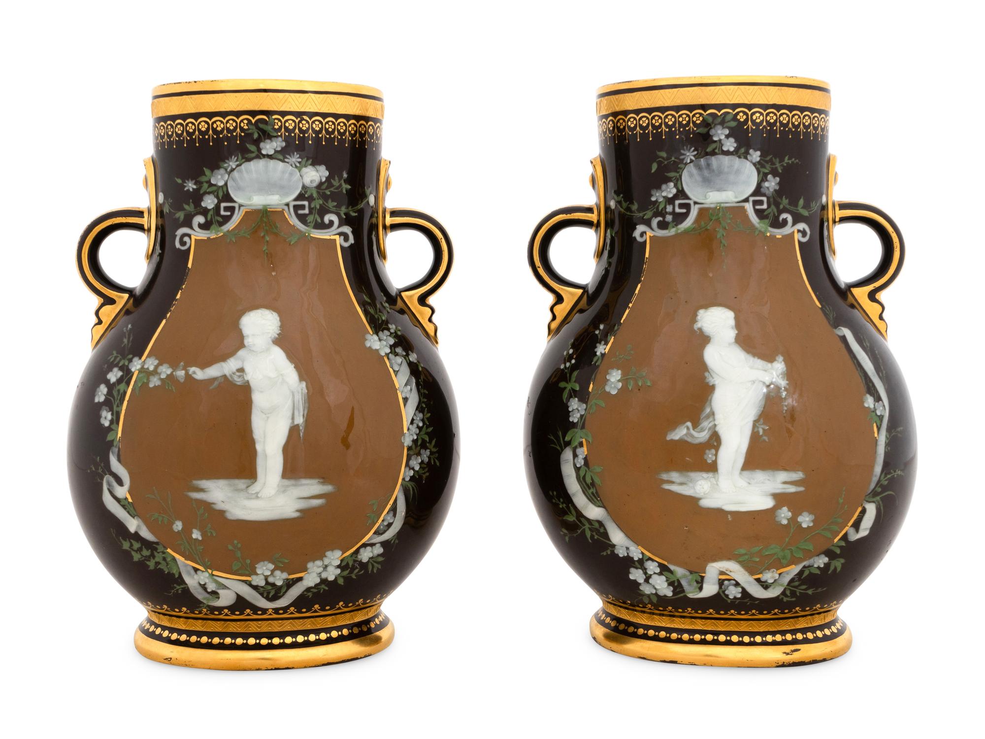 A Pair of Mintons Brown-Ground Pâte-sur-Pâte Vases