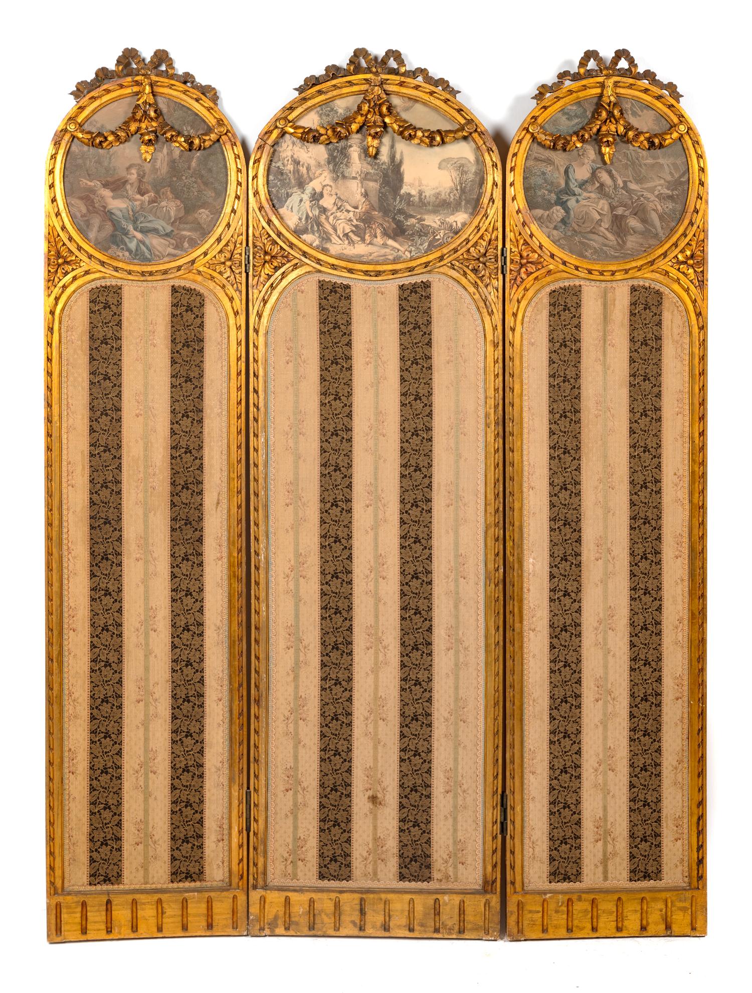 A Louis XVI Style Giltwood Three-Panel Floor Screen