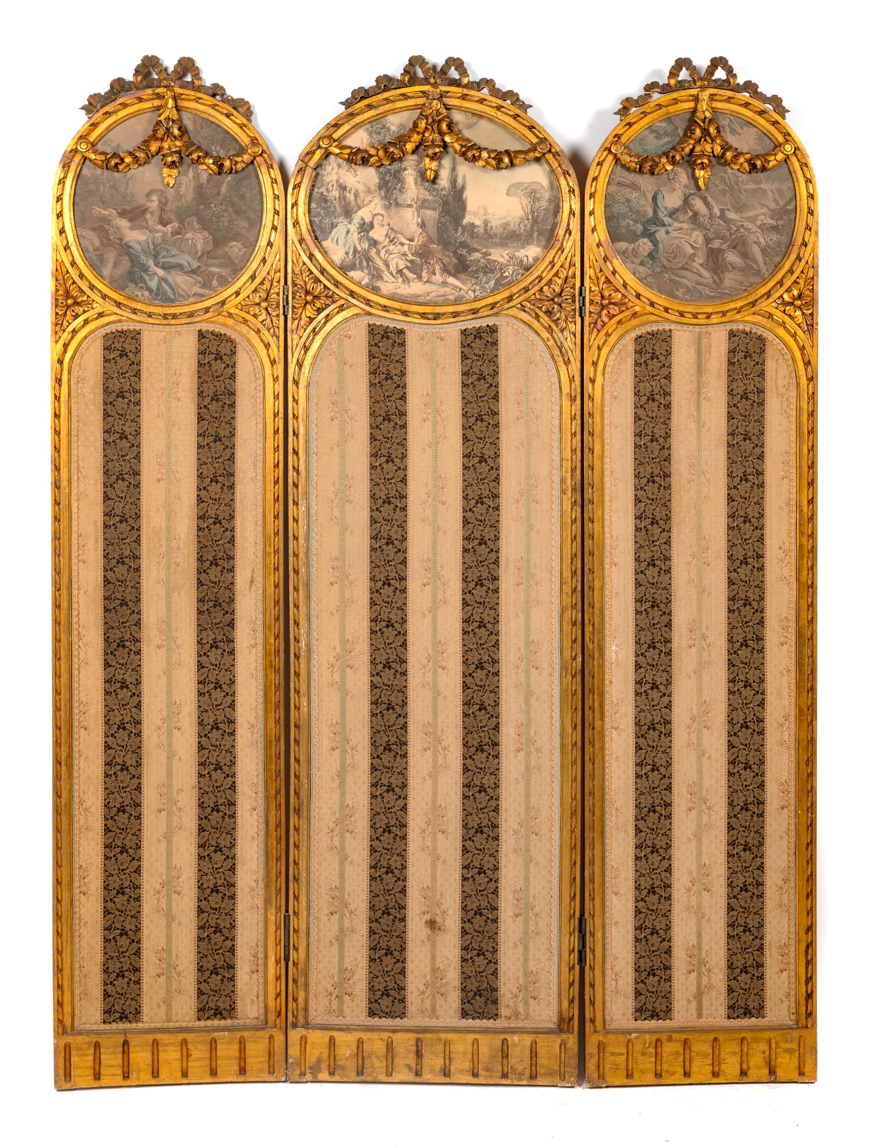 A Louis XVI Style Giltwood Three-Panel Floor Screen