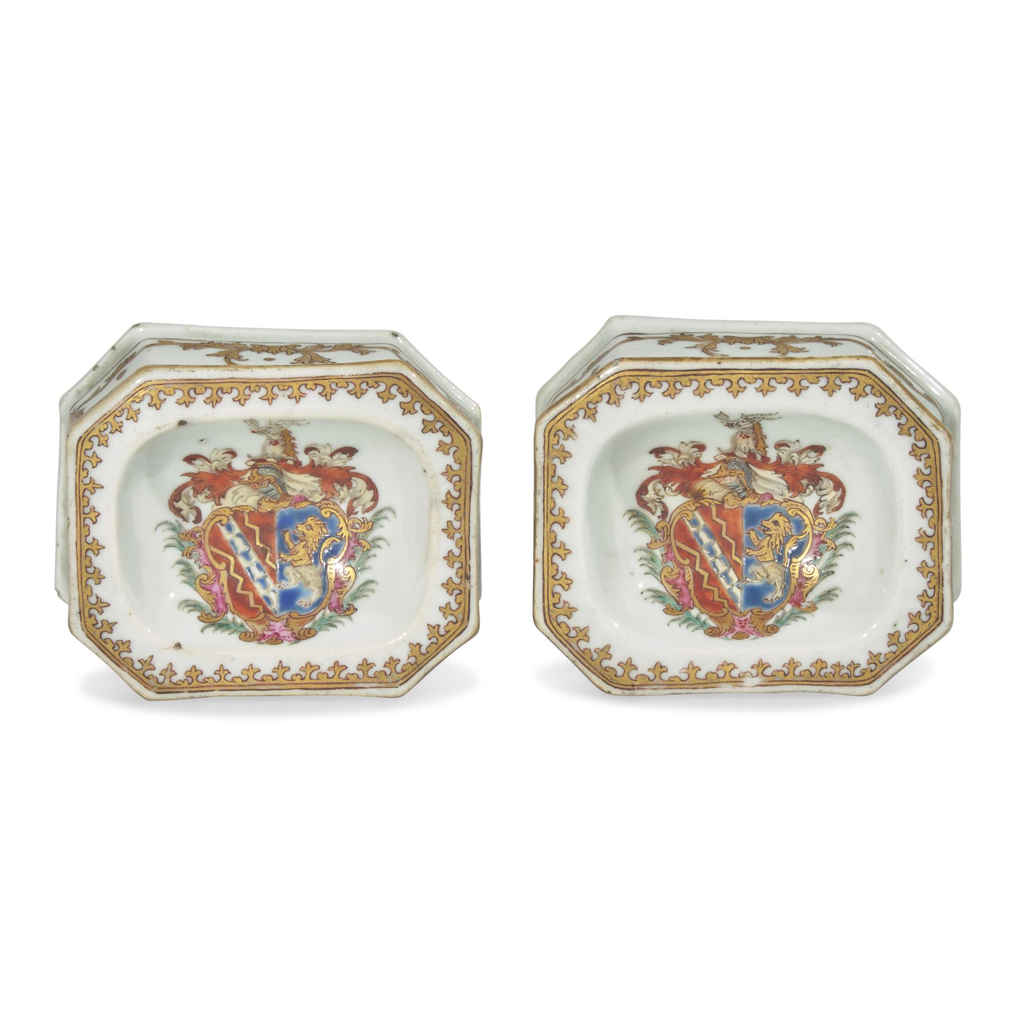 A Pair of Chinese Export Armorial Porcelain Salts