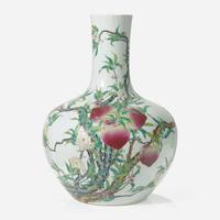 A large Chinese porcelain famille rose "Nine Peaches" vase, tianqiuping 粉彩九桃紋大天球瓶 Qianlong mark ???