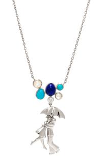 An 18 Karat White Gold, Diamond, Lapis Lazuli, Turquoise and Moonstone 'Romance A Paris' Necklace, Van Cleef & Arpels, 7.70 dwts.