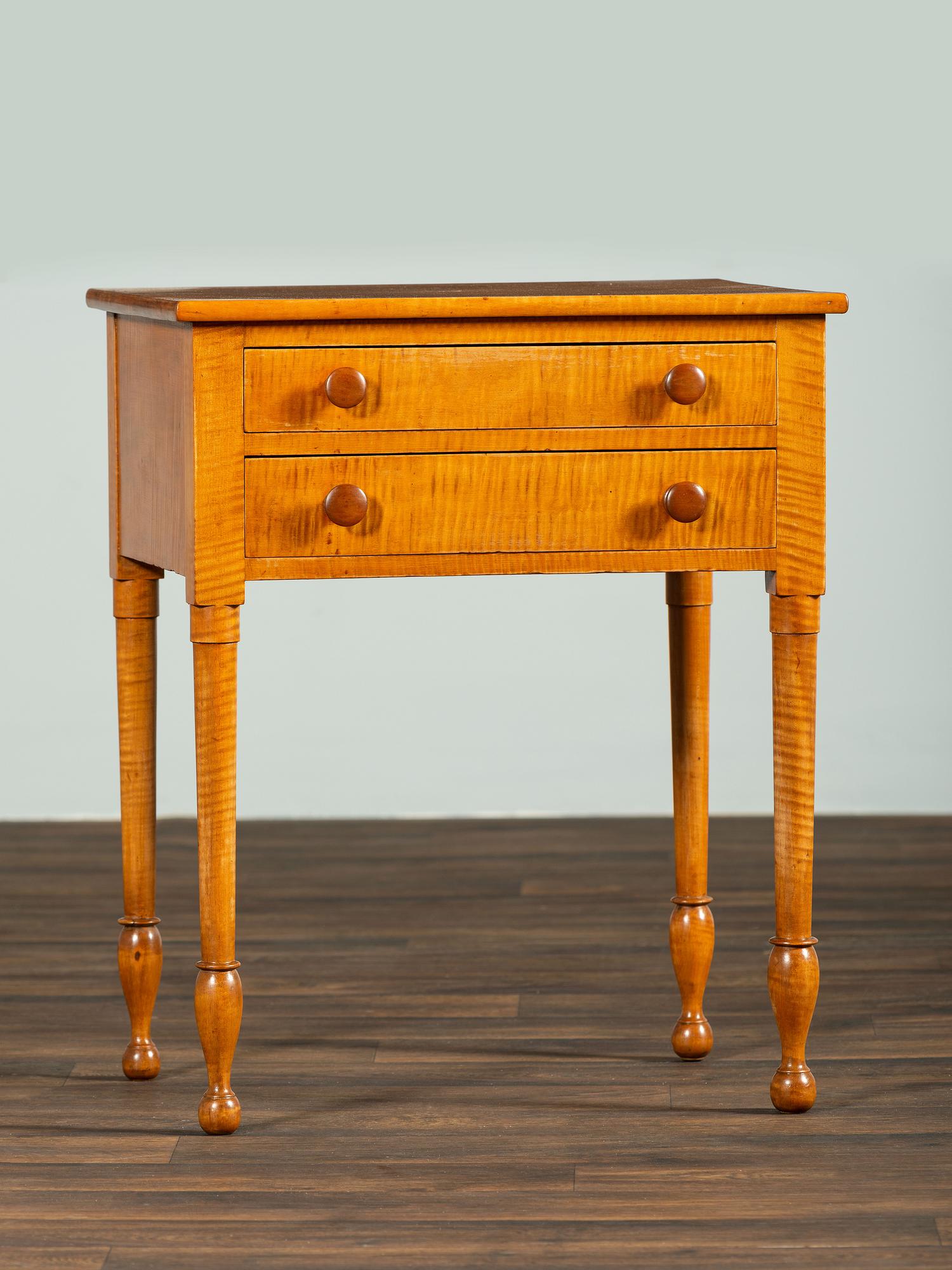 A Late Federal Tiger Maple Two-Drawer Work Table