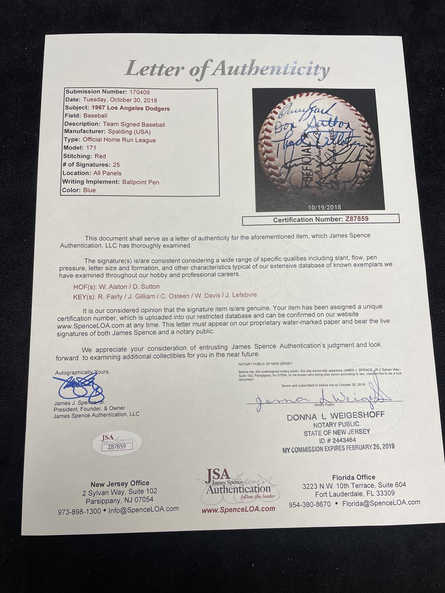 A 1967 Los Angeles Dodgers Team Signed Autograph Baseball (JSA Letter of Authenticity),