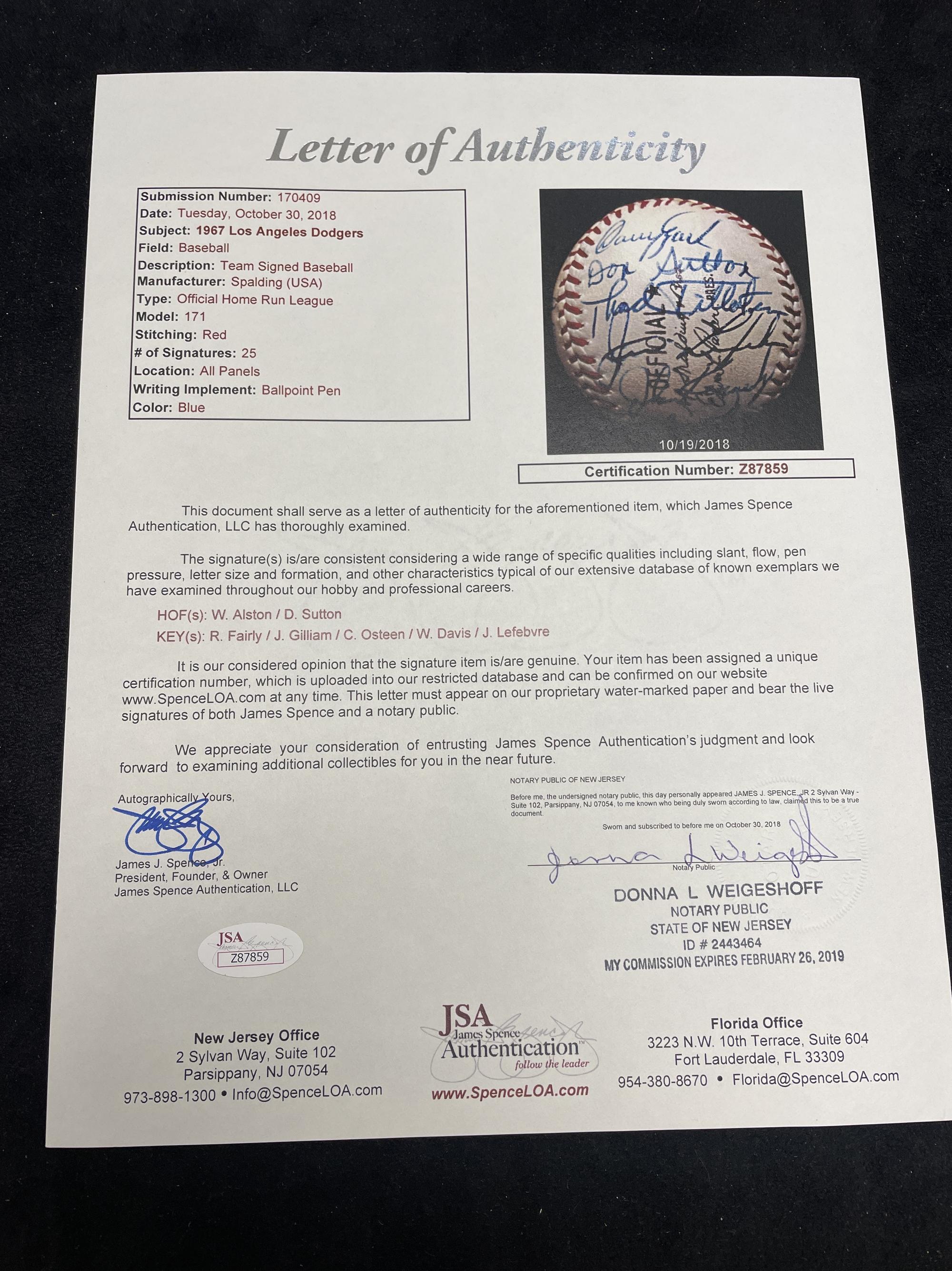 A 1967 Los Angeles Dodgers Team Signed Autograph Baseball (JSA Letter of Authenticity),