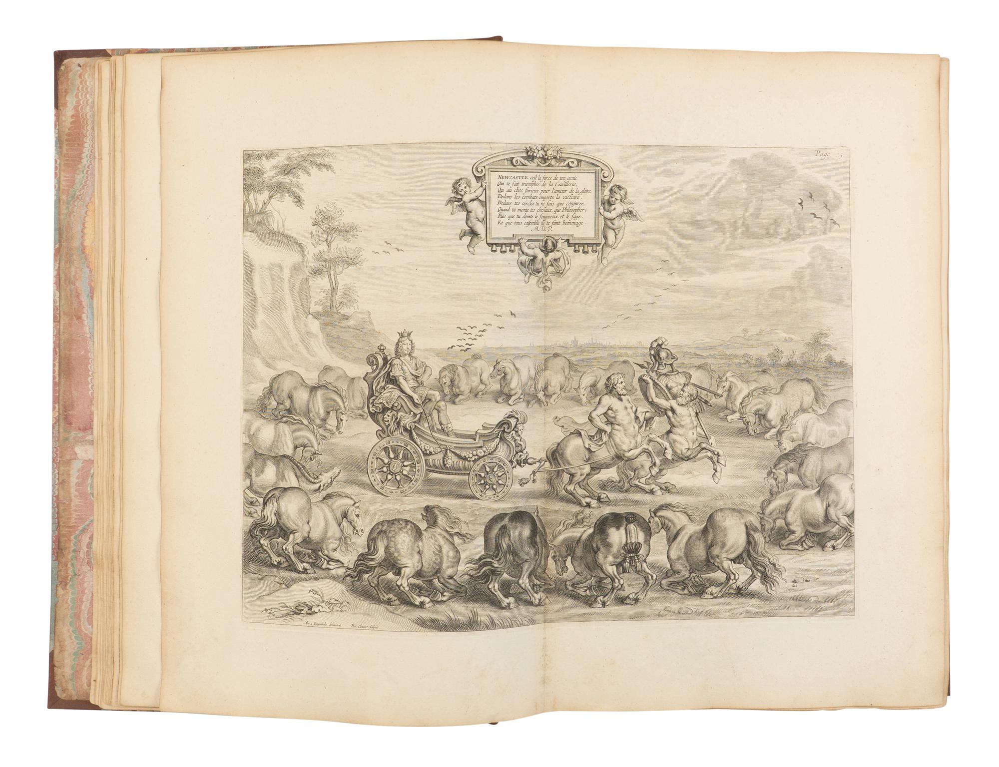 [EQUESTRIAN]. NEWCASTLE, William Cavendish (1592-1676), SAUNIER, Gaspard de (1663-1748), DIEPENBEKE, Abraham van (1596-1675), illustrator. Méthode et Invention Nouvelle de Dresser les Chevaux . London: Chez Jean Brindley, Libraire de S. A. R. Monseigneur le Prince de Galles, dans New Bond-street, 1737.
