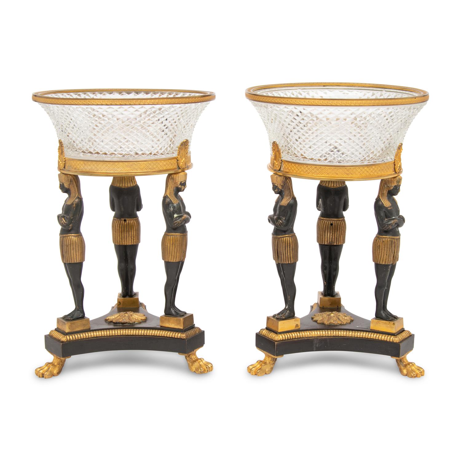 A Pair of Egyptian Revival Patinated and Parcel-Gilt Bronze and Cut-Glass Centerpieces