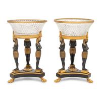 A Pair of Egyptian Revival Patinated and Parcel-Gilt Bronze and Cut-Glass Centerpieces