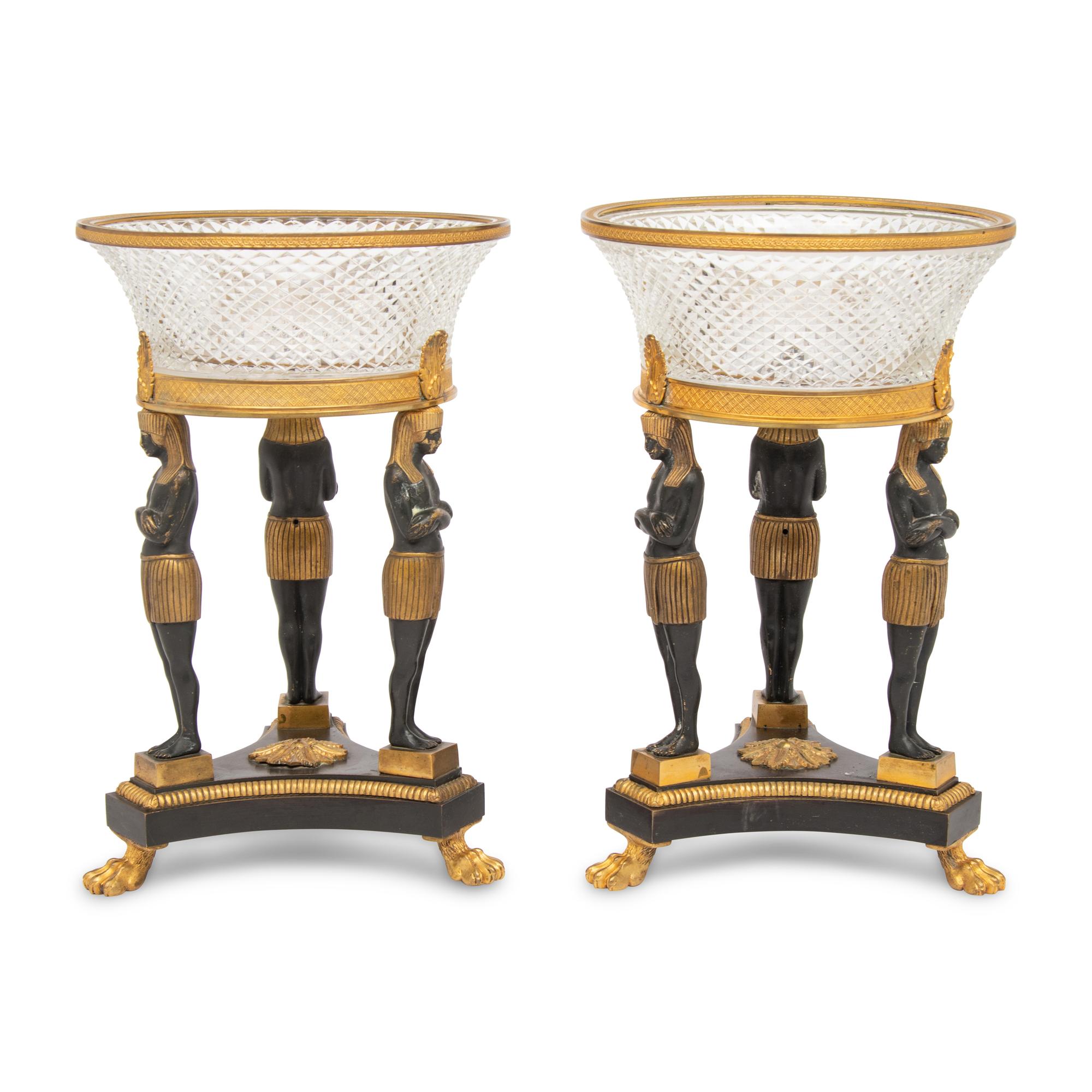 A Pair of Egyptian Revival Patinated and Parcel-Gilt Bronze and Cut-Glass Centerpieces