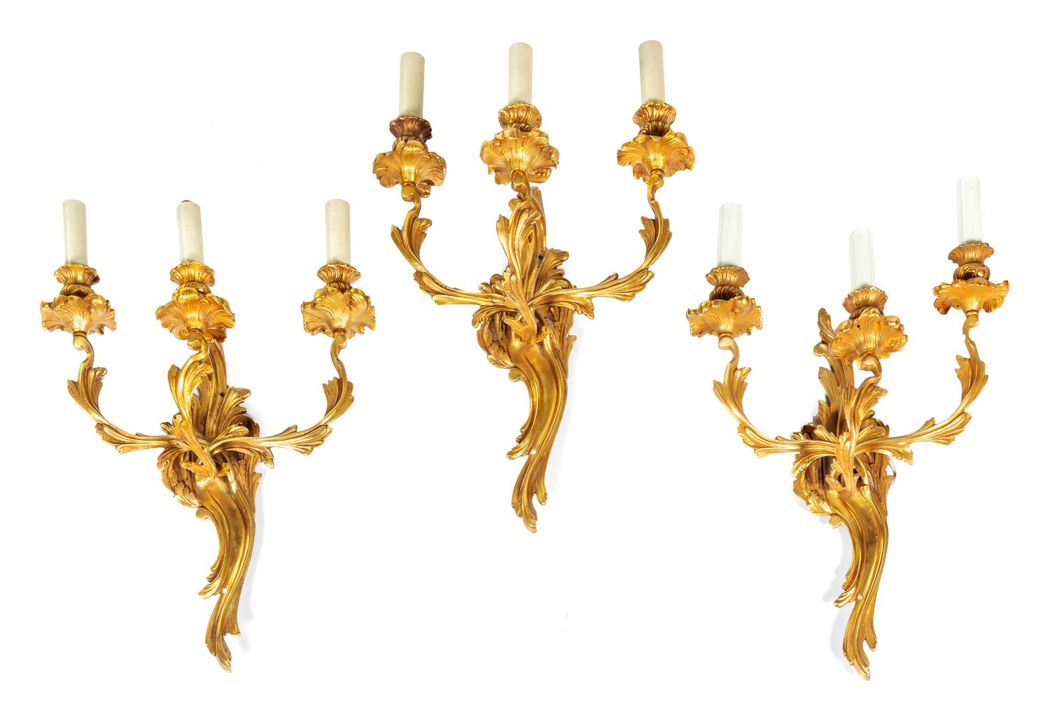 Three Louis XV Style Gilt Bronze Three-Light Sconces Height 24 inches. — 20TH CENTURY