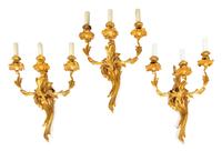 Three Louis XV Style Gilt Bronze Three-Light Sconces Height 24 inches. — 20TH CENTURY