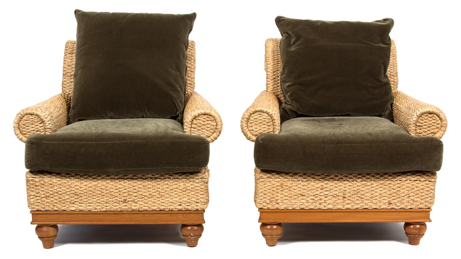 A Pair of Wicker Armchairs with Velvet Back and Seat Cushions Height 34 x width 35 x depth 37 inches. — 20TH CENTURY