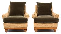 A Pair of Wicker Armchairs with Velvet Back and Seat Cushions Height 34 x width 35 x depth 37 inches. — 20TH CENTURY